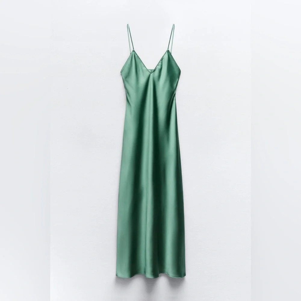 Zara Emerald Green Maxi Dress Satin Slip Wedding Evening Party - Picture 10 of 13